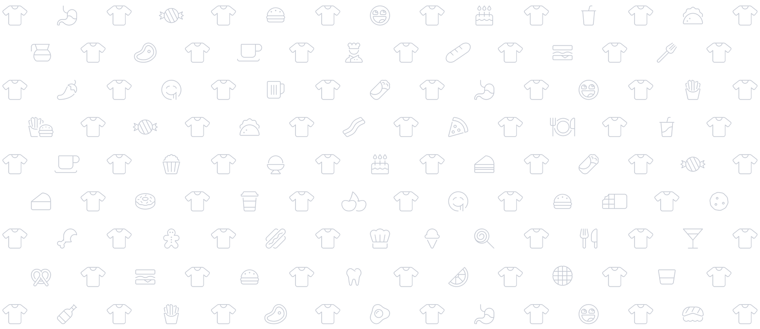 Various light grey icons arranged in a grid alternating between a tee shirt icon and various food icons like burgers, bread, pizza, beer, candy, cake, coffee, etc. 